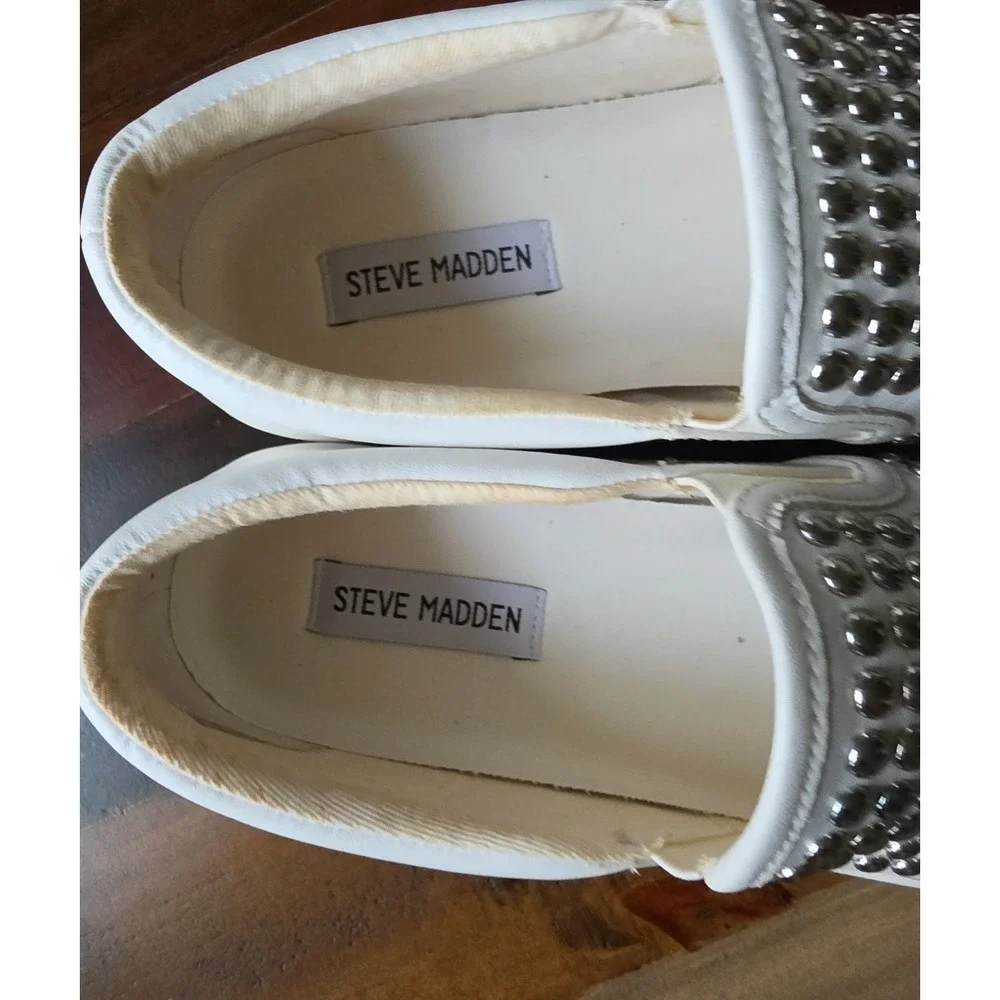 Steve Madden Women's Torin Platform White Silver Studded Slip-on Sneakers 9.5M